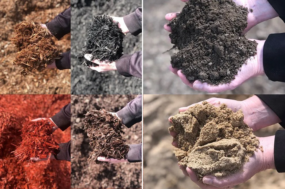 Image of hands holding multiple mulch and soil products
