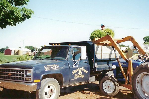 Photo of a tractor loading a pickup truck with a tree